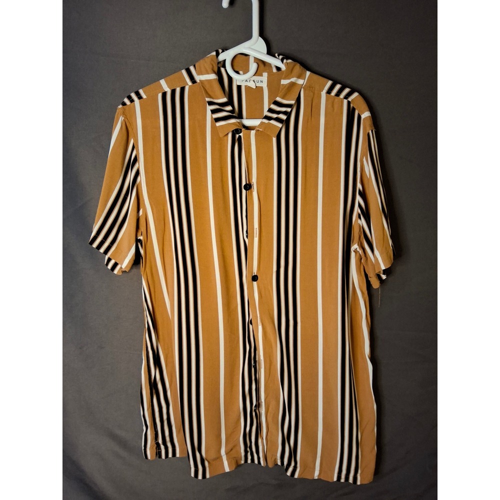 PacSun Mens Mustard Yellow Vertical Stripe Rayon Short Sleeve Button Down Shirt